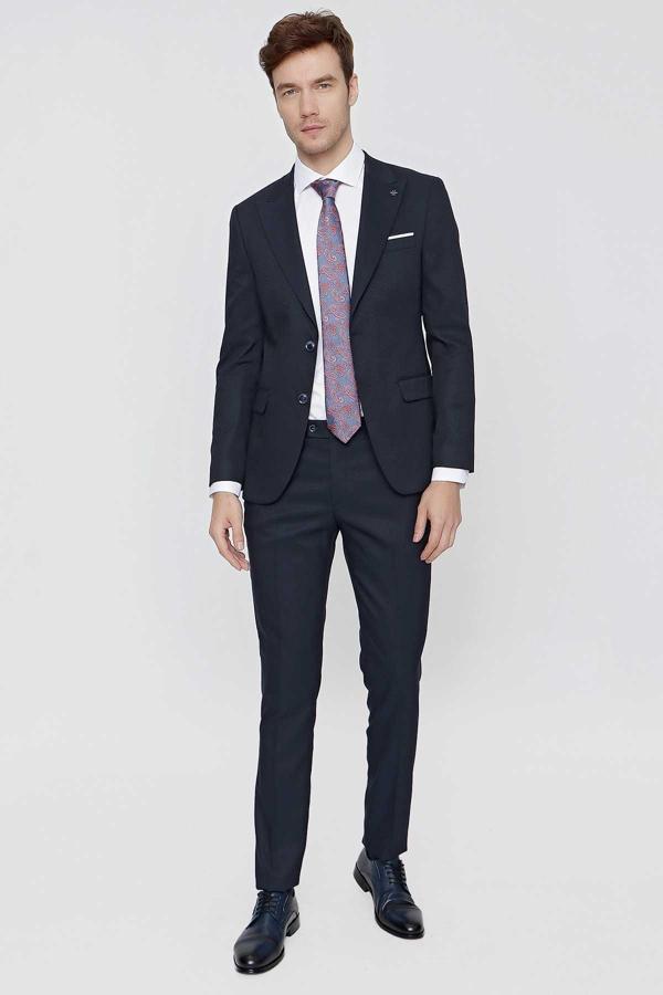  Erkek Lacivert Santos Jakarlı Slim Fit Dar Kesim 6 Drop Takım Elbise - Image 1