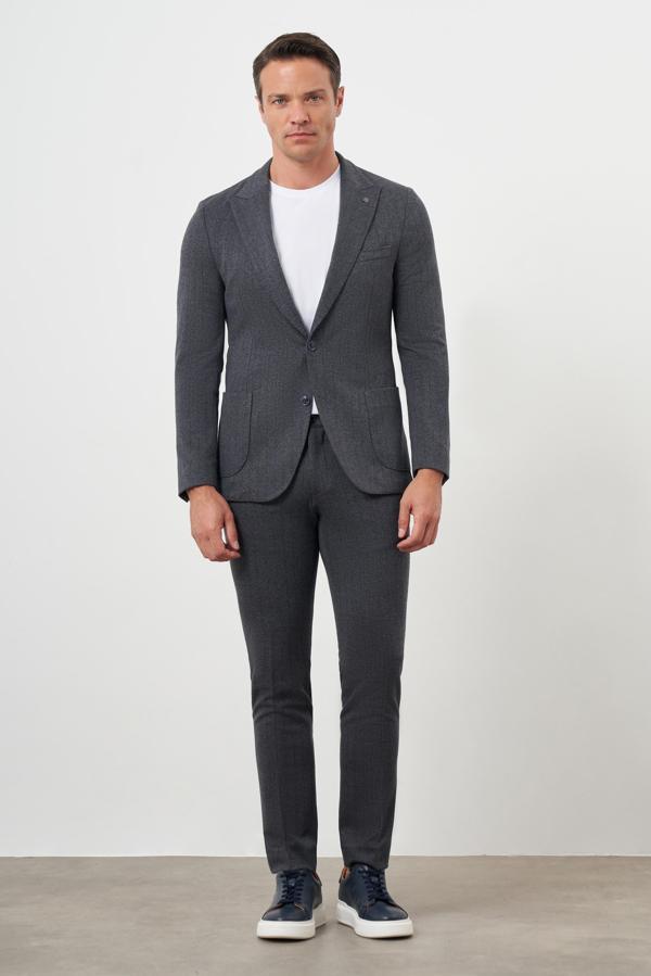  Erkek Füme Poliviskon Trend Çizgili Desen Slim Fit Sivri Yaka Takım Elbise - Image 1