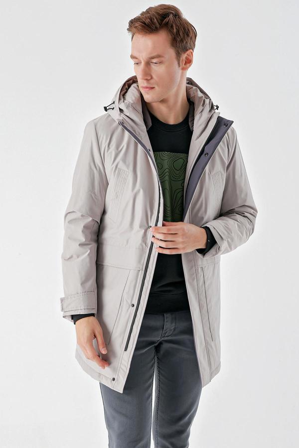  Erkek Taş Polyester Çıtçıtlı Kapüşonlu Mont - Image 1