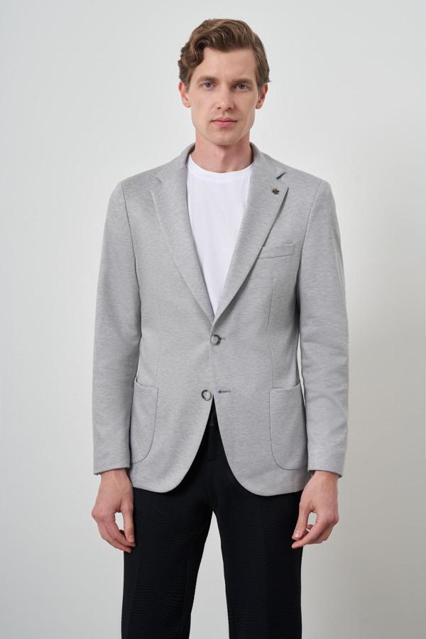  Erkek Gri Örme Slim Fit Mono Yaka Ceket - Image 1