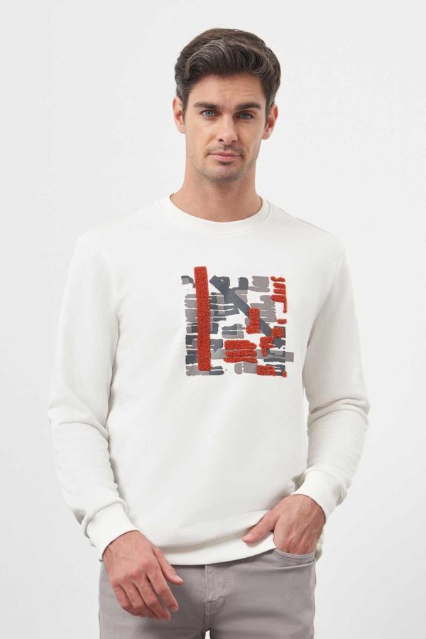  Erkek Beyaz Trend Bisiklet Yaka Sweat-Shirt - Image 1