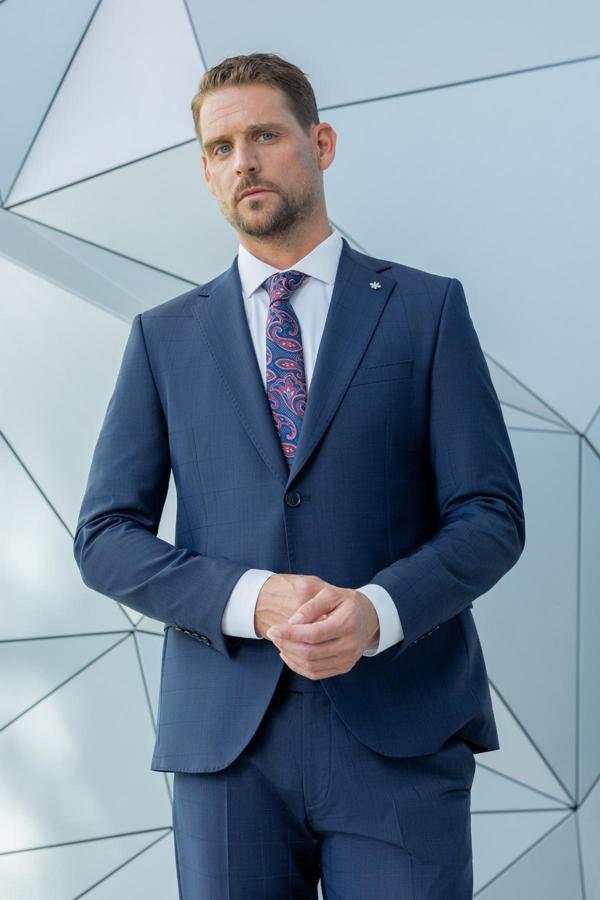  Erkek Lacivert Yünlü Platinium Ekoseli Slim Fit Mono Yaka Takım Elbise - Image 1
