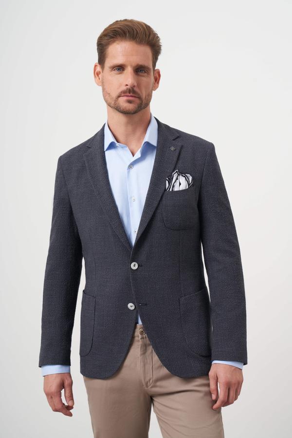  Erkek Siyah Dokuma Gofre Slim Fit Torba Cep Mono Yaka Spor Ceket - Image 1