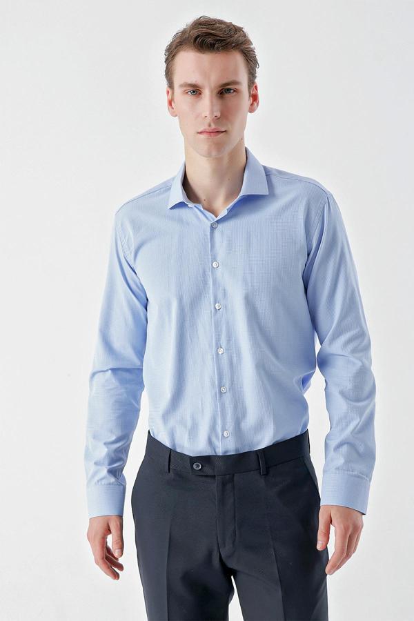  Erkek Mavi Trend Baskılı Desenli İtalyan Yaka Slim Fit Gömlek - Image 1