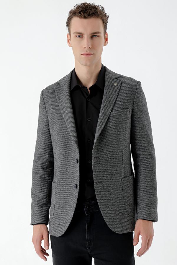  Erkek Siyah Yün Slim Fit Torba Cep Mono Yaka Spor Ceket - Image 1