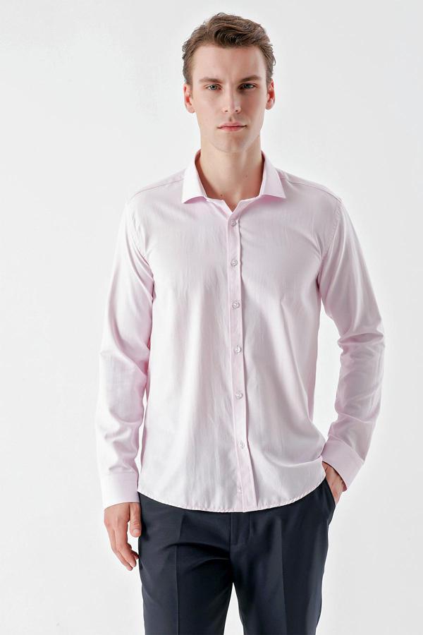  Erkek Pembe Trend Jakar Desen İtalyan Yaka Slim Fit Gömlek - Image 1