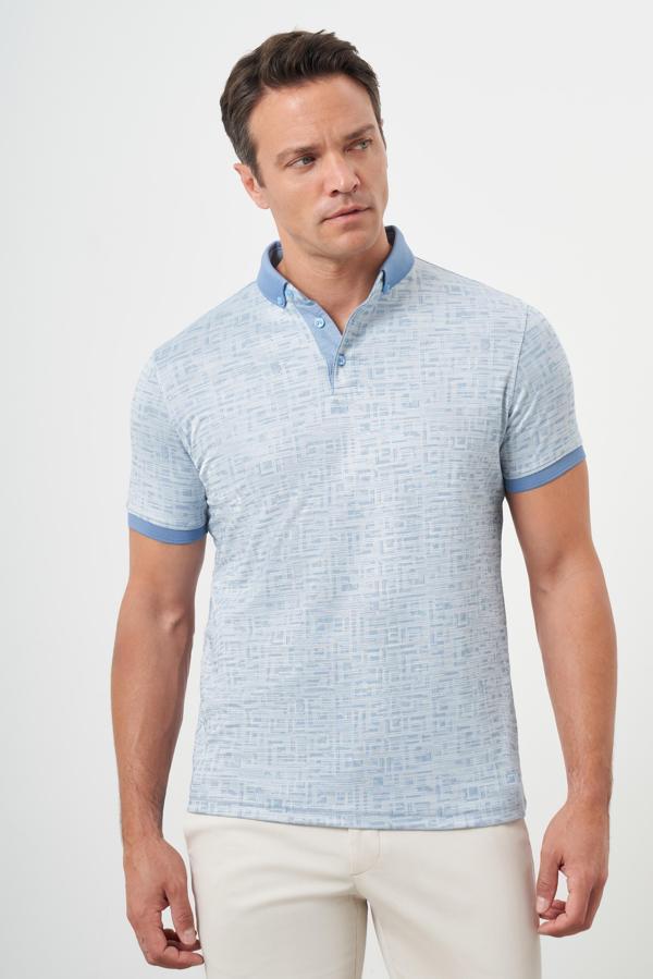  Erkek A. MAVİ Trend Merserize Jakar Desen Düğmeli Yaka Dynamic Fit T-Shirt - Image 1
