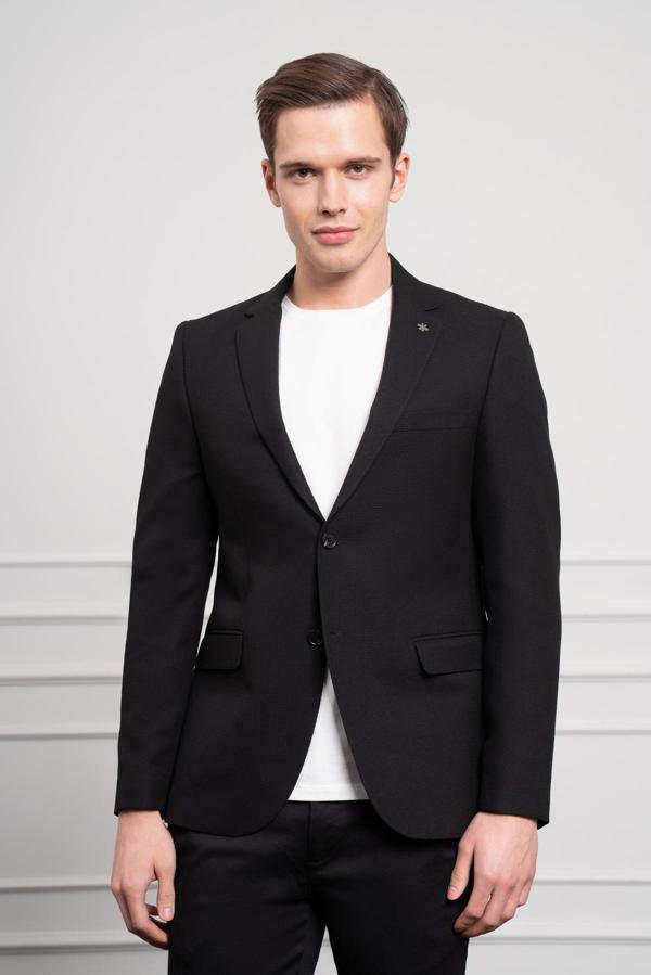  Erkek Siyah Slim Fit Dar Kesim Mono Yaka Ceket - Image 1