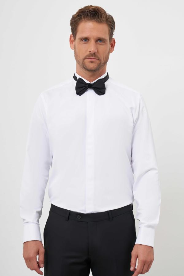  Erkek Beyaz Manşetli Düz Desen Ata Yaka Slim Fit Gömlek - Image 1