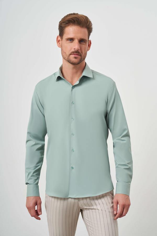  Erkek Su Yeşili Trend  Düz Desen İtalyan Yaka Slim Fit Gömlek - Image 1