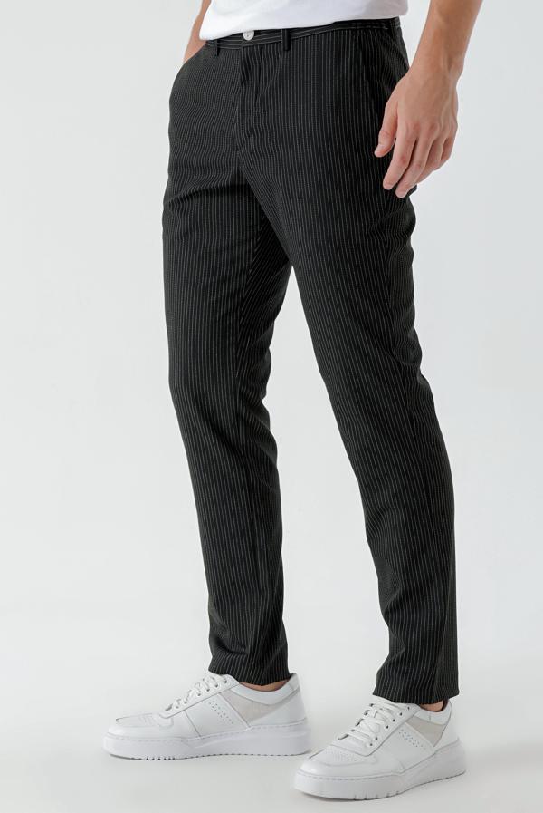  Erkek Siyah Poliviskon Trend Çizgili Slim Fit Classic Pantolon - Image 1