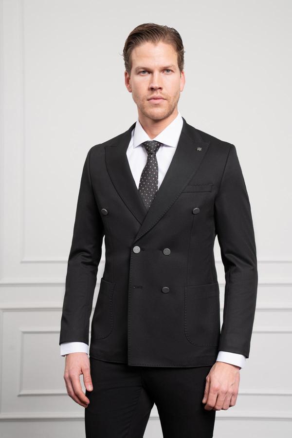  Erkek Siyah Kruvaze Slim Fit Sivri Yaka Takım Elbise - Image 1