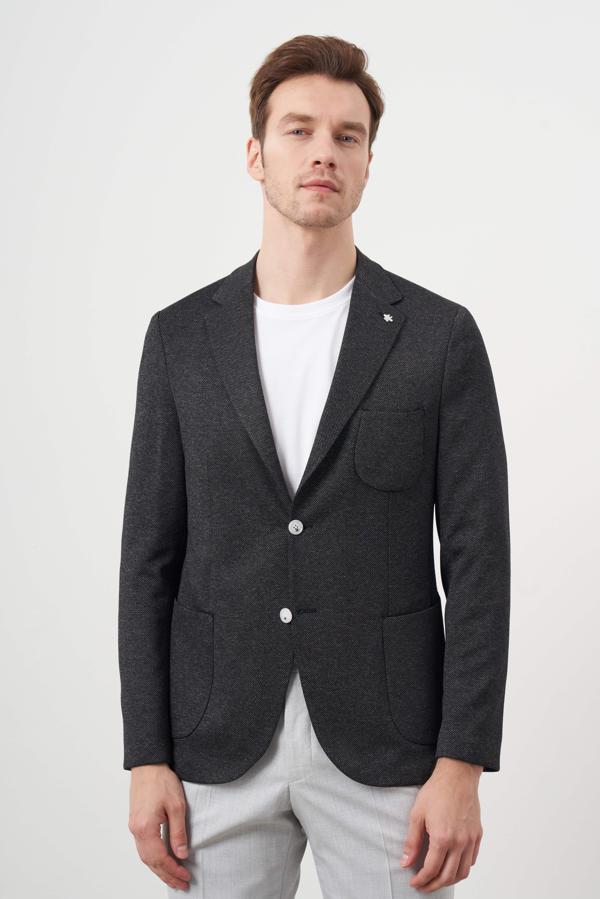  Erkek Siyah Örme Slim Fit Torba Cep Mono Yaka Spor Ceket - Image 1