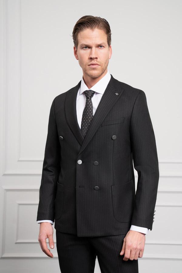  Erkek Siyah Trend Kruvaze Slim Fit Dar Kesim Sivri Yaka Takım Elbise - Image 1