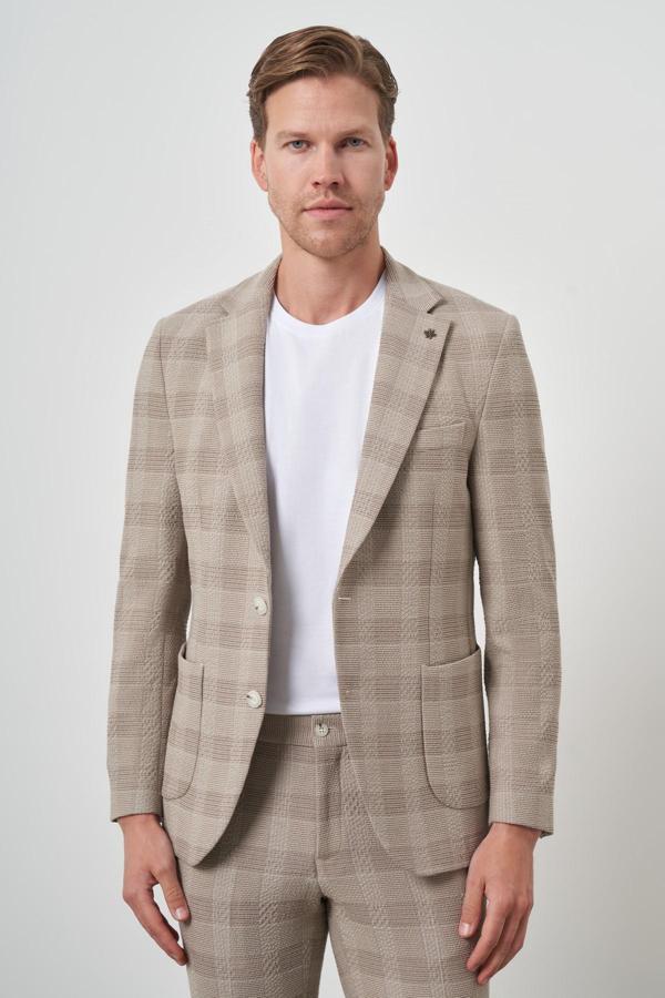  Erkek Bej Trend Slim Fit Mono Yaka Takım Elbise - Image 1