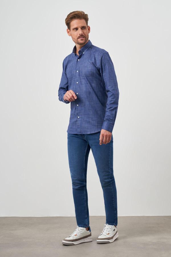  Erkek Lacivert Pamuk Baskılı Desenli Düğmeli Yaka Slim Fit Gömlek - Image 1