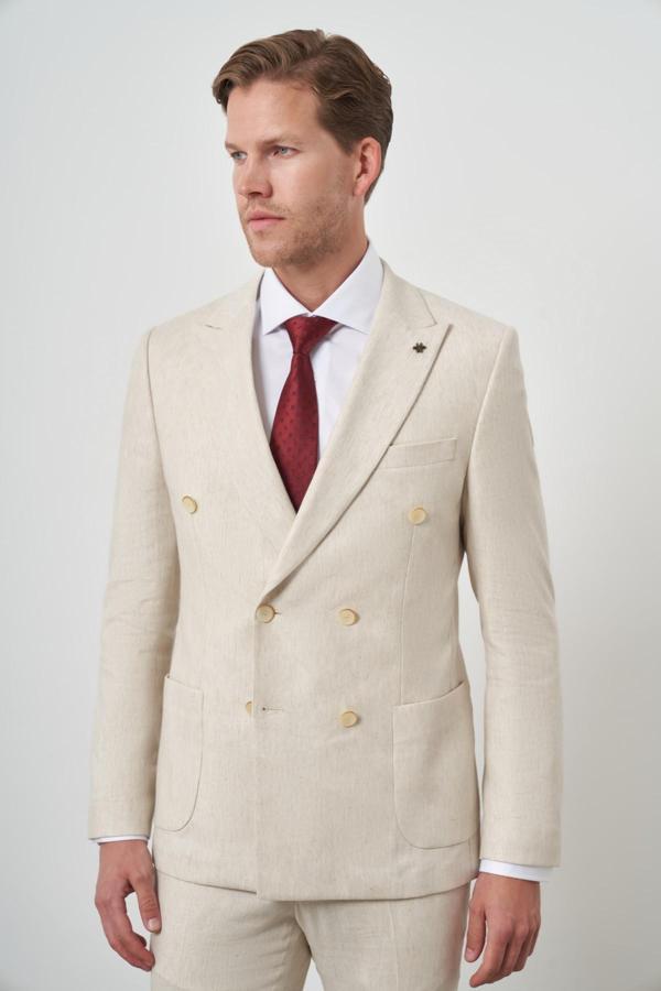 Erkek Bej Keten Kruvaze Slim Fit Sivri Yaka Takım Elbise - Image 1