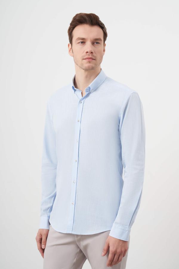  Erkek A. MAVİ Pamuk Ekoseli Düğmeli Yaka Slim Fit Gömlek - Image 1