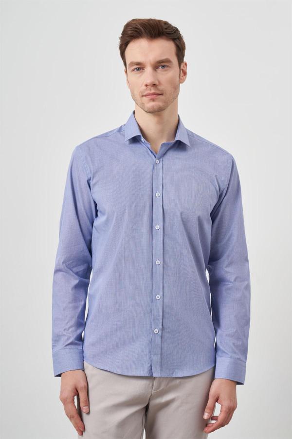  Erkek Mavi Pamuk Baskılı Desenli İtalyan Yaka Slim Fit Gömlek - Image 1