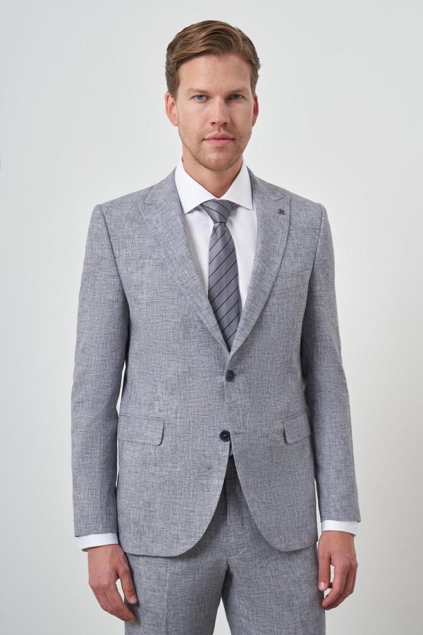  Erkek Mavi Tend Keten Slim  Fit Sivri Yaka Takım Elbise - Image 1