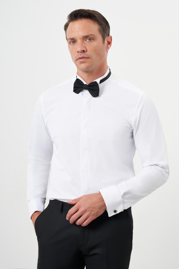  Erkek Beyaz Manşetli Düz Desen Ata Yaka Slim Fit Gömlek - Image 1