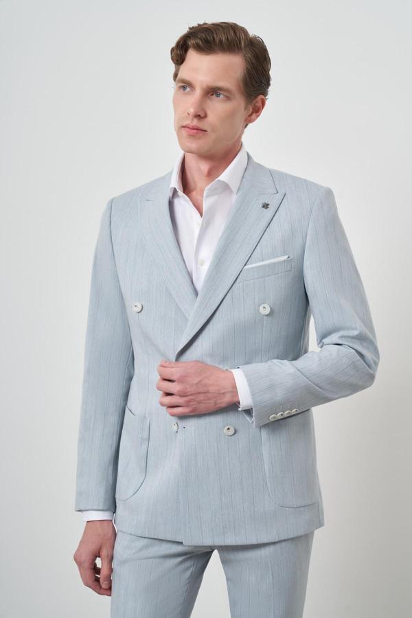  Erkek A. MAVİ Çizgili Desen Kruvaze Slim Fit Sivri Yaka Takım Elbise - Image 1