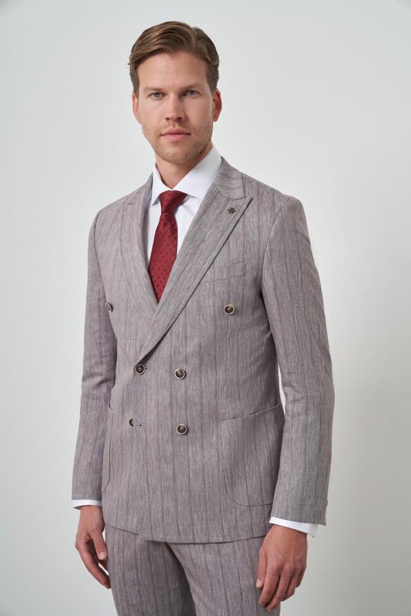  Erkek Vizon Tend Keten Kruvaze Slim  Fit Sivri Yaka Takım Elbise - Image 1