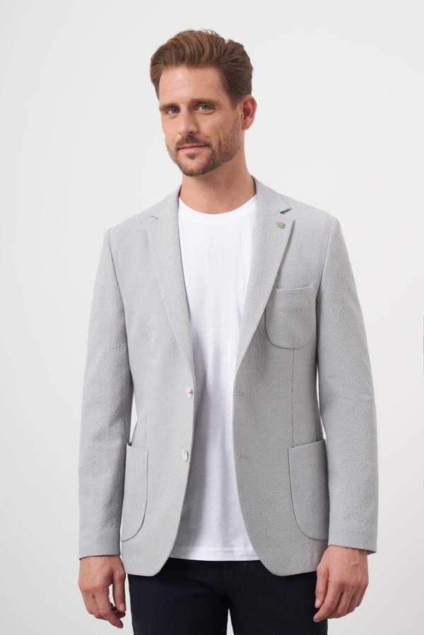  Erkek Gri Dokuma Gofre Slim Fit Torba Cep Mono Yaka Spor Ceket - Image 1