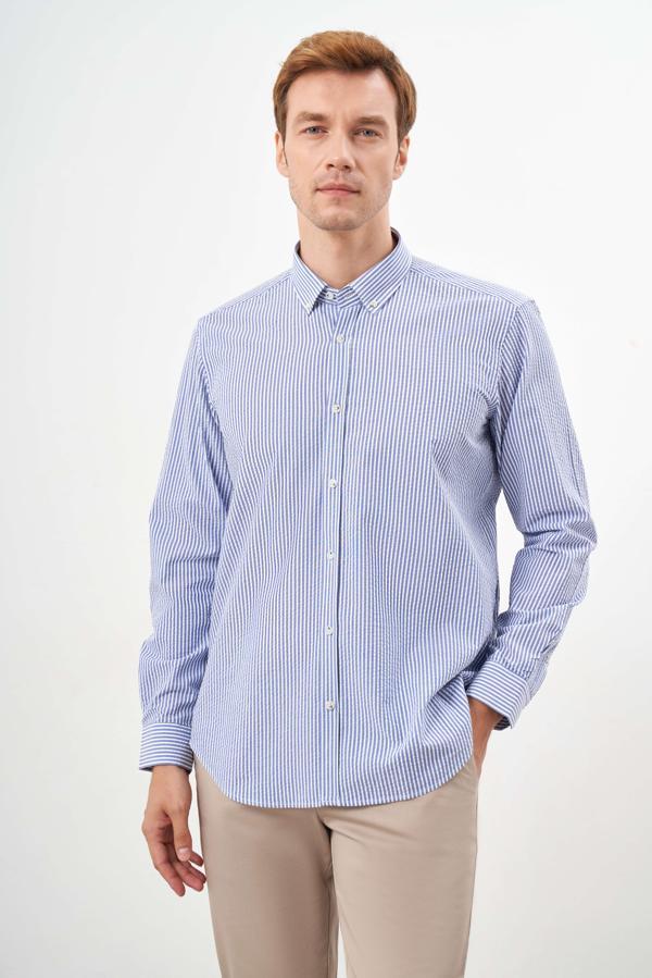  Erkek Mavi Pamuk Çizgili Panolu Düğmeli Yaka Regular Fit Gömlek - Image 1
