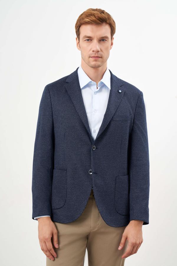  Erkek Lacivert Örme Slim Fit Torba Cep Mono Yaka Spor Ceket - Image 1