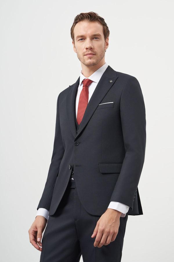 Erkek Lacivert Poliviskon Basic Yelekli Jakar Desen Slim Fit Sivri Yaka Takım Elbise - Image 1