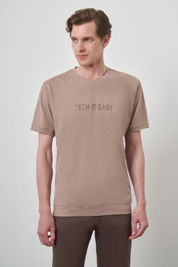  Erkek Bej Trend Bisiklet Yaka Baskılı Tshirt - Image 1