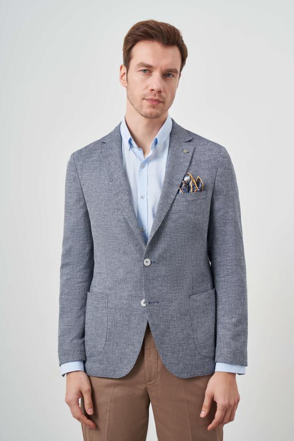  Erkek Lacivert Dokuma Slim Fit Torba Cep Mono Yaka Spor Ceket - Image 1