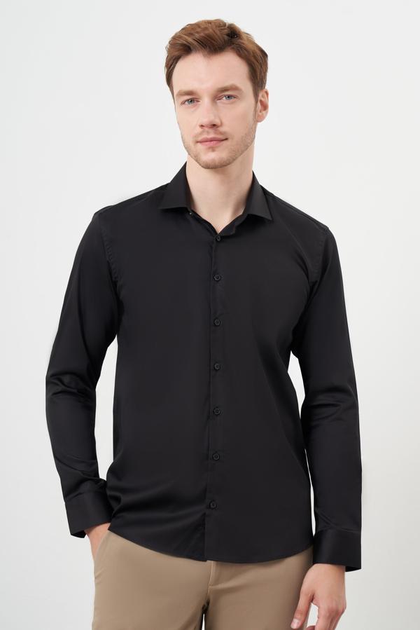  Erkek Siyah Pamuk Düz Desen İtalyan Yaka Slim Fit  Gömlek - Image 1