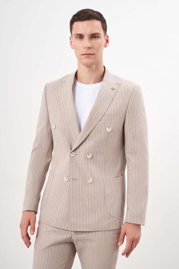 Erkek KAHVE Keten Trend Kruvaze Slim Fit Sivri Yaka Takım Elbise - Image 1