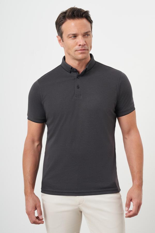  Erkek Siyah Trend Merserize Düz Düğmeli Yaka Dynamic Fit T-Shirt - Image 1