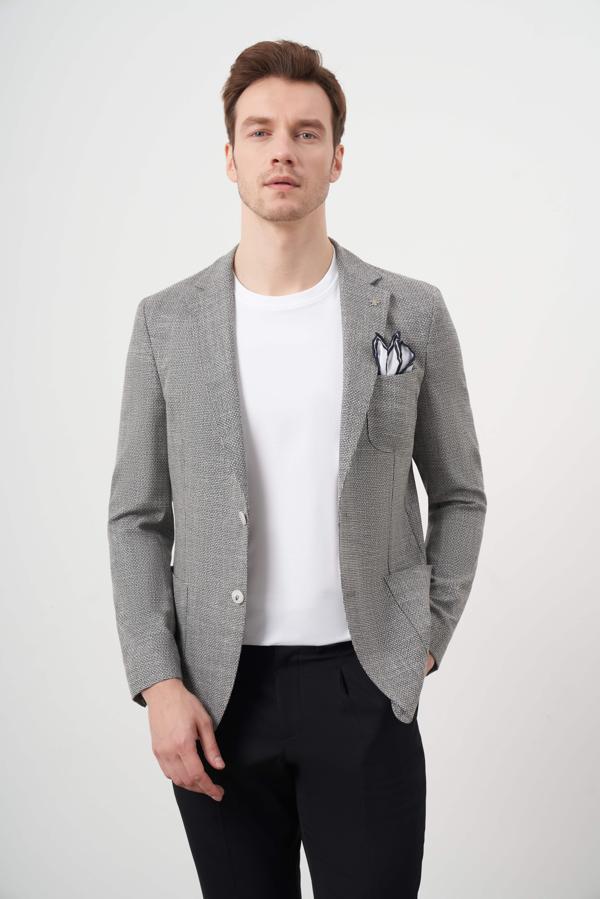  Erkek Siyah Dokuma Slim Fit Torba Cep Mono Yaka Spor Ceket - Image 1