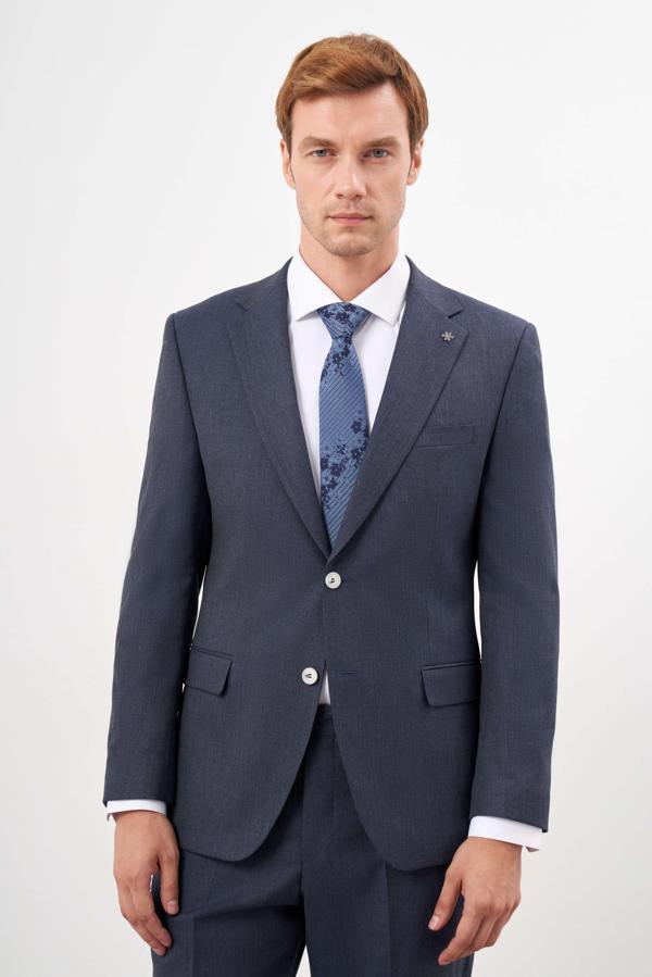  Erkek Lacivert Poliviskon Trend Ekoseli Dynamic Fit Mono Yaka Takım Elbise - Image 1