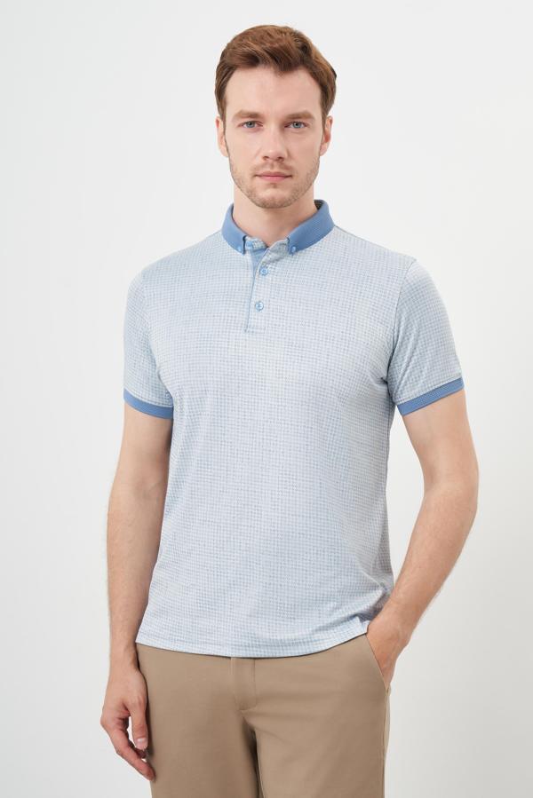  Erkek A. MAVİ Trend Merserize Jakar Desen Düğmeli Yaka Dynamic Fit T-Shirt - Image 1