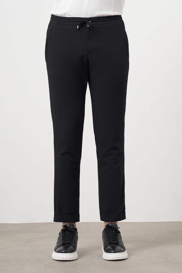  Erkek Siyah Polyester İpli Jogger Slim Fit Pantolon - Image 1