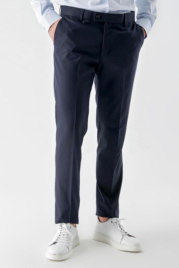  Erkek Lacivert Poliviskon Basic Düz Desen Slim Fit Classic Pantolon - Image 1