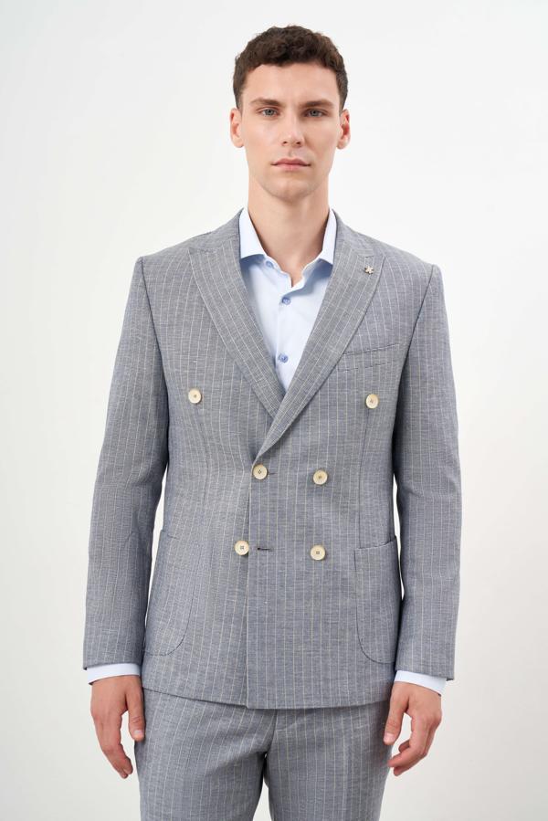  Erkek Lacivert Keten Trend Kruvaze Slim Fit Sivri Yaka Takım Elbise - Image 1