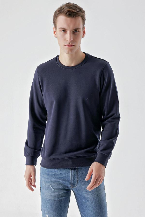  Erkek Lacivert Basic Bisiklet Yaka Sweat-Shirt - Image 1