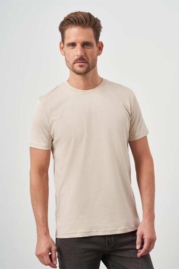  Erkek Bej Basic Bisiklet Yaka Dynamic Fit T-Shirt - Image 1