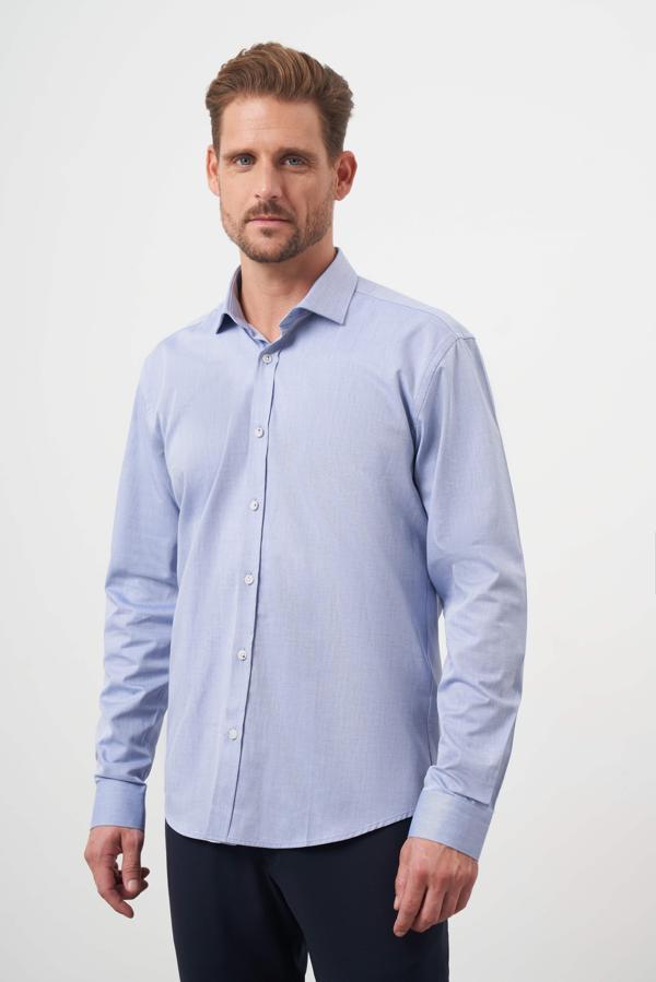  Erkek Mavi Pamuk  Baskılı Desenli İtalyan Yaka Slim Fit Gömlek - Image 1