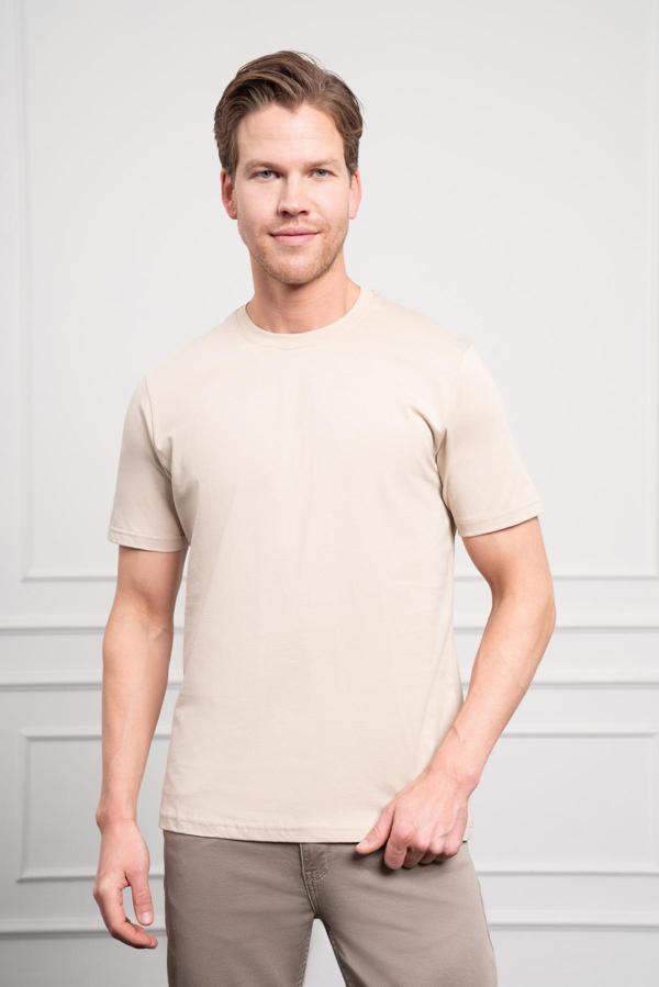  Erkek Bej Basic Bisiklet Yaka Dynamic Fit Pamuk T-Shirt - Image 1