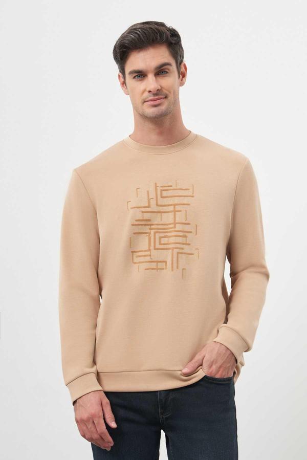  Erkek Bej Trend Bisiklet Yaka Sweat-Shirt - Image 1