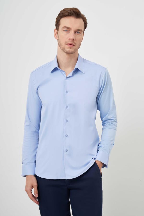  Erkek A. MAVİ Pamuk Düz Desen İtalyan Yaka Slim Fit  Gömlek - Image 1
