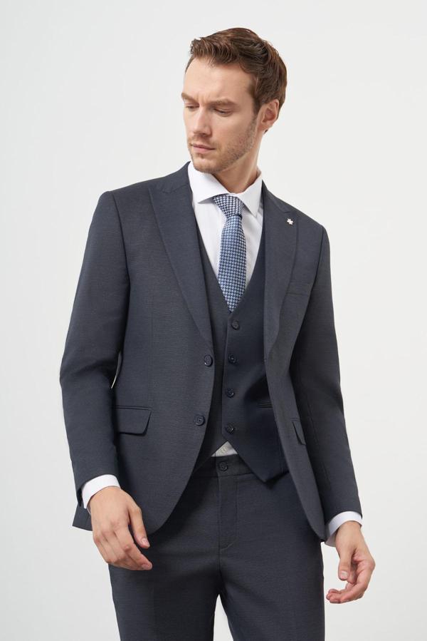  Erkek Lacivert Poliviskon Trend Yelekli Desenli Slim Fit Sivri Yaka Takım Elbise - Image 1