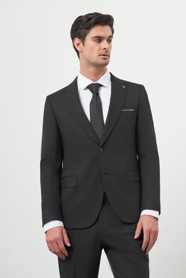  Erkek Siyah Basic Jakar Desen Slim Fit Sivri Yaka Takım Elbise - Image 1